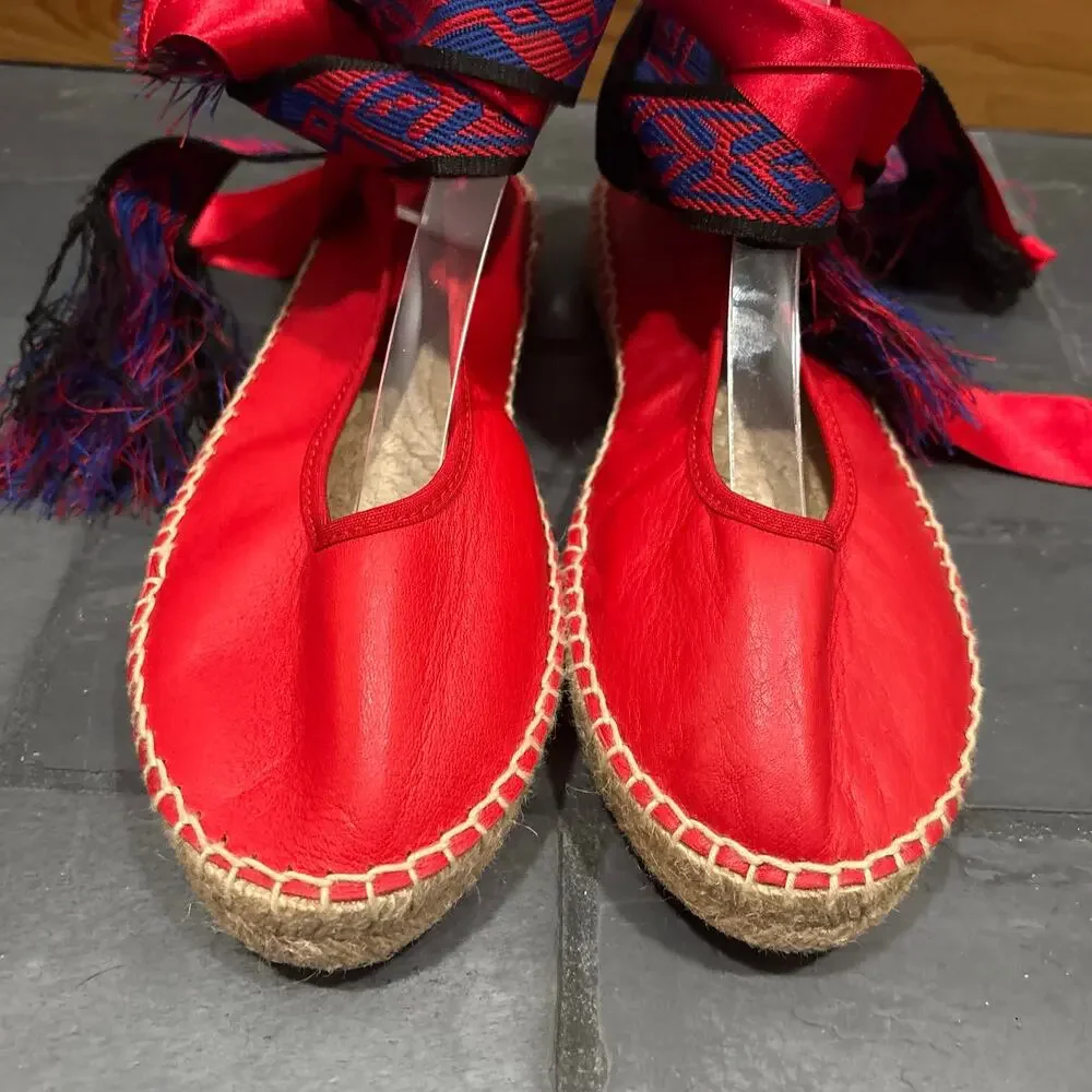 Free People Maya Red Leather Espadrille with Ribbon Ankle Ties - size 39, US 8.5